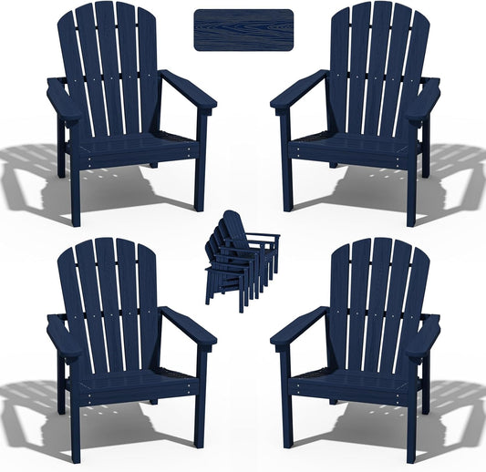 Stackable Adirondack Chair Set of 4, HDPE Outdoor Patio Chair - Durable and Space Saving, Suitable for Porches, Lawns or Garden, Navy