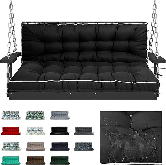 Swing Replacement Cushions with Backrest, 2 or 3 Seater Waterproof Non-Slip Overstuffed Swing Pad, Indoor/Outdoor Bench Cushion for Porch Chair Swing Garden Furniture (Black, 40 * 63 in)