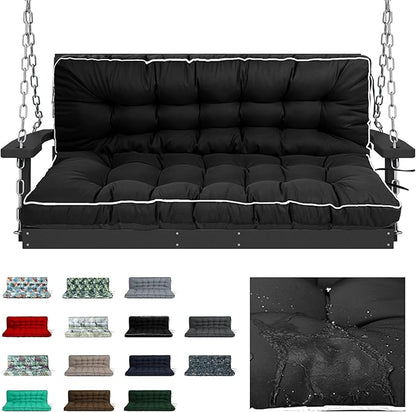 Swing Replacement Cushions with Backrest, 2 or 3 Seater Waterproof Non-Slip Overstuffed Swing Pad, Indoor/Outdoor Bench Cushion for Porch Chair Swings Garden Furniture (Black, 40 * 55 in)
