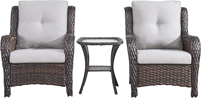 Rilyson Patio Bistro Set Wicker Chairs - 3 Piece Outdoor Rattan Conversation Set with 2 Armrest Chair and 1 Side Table for Proch Deck Garden Backyard Balcony(Brown/Beige)
