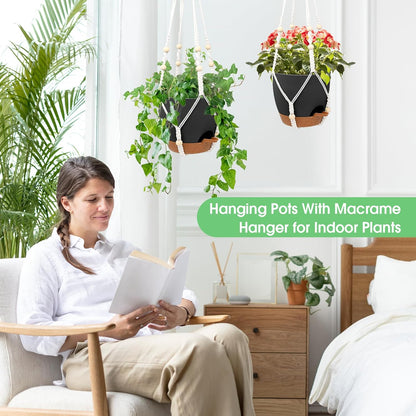 Hanging Planters for Indoor Outdoor Plants, 2 Pack Self Watering Hanging Pots, Hanging Plant Baskets with Drainage Holes & 2 Types of Plant Hangers (Black, 6'')