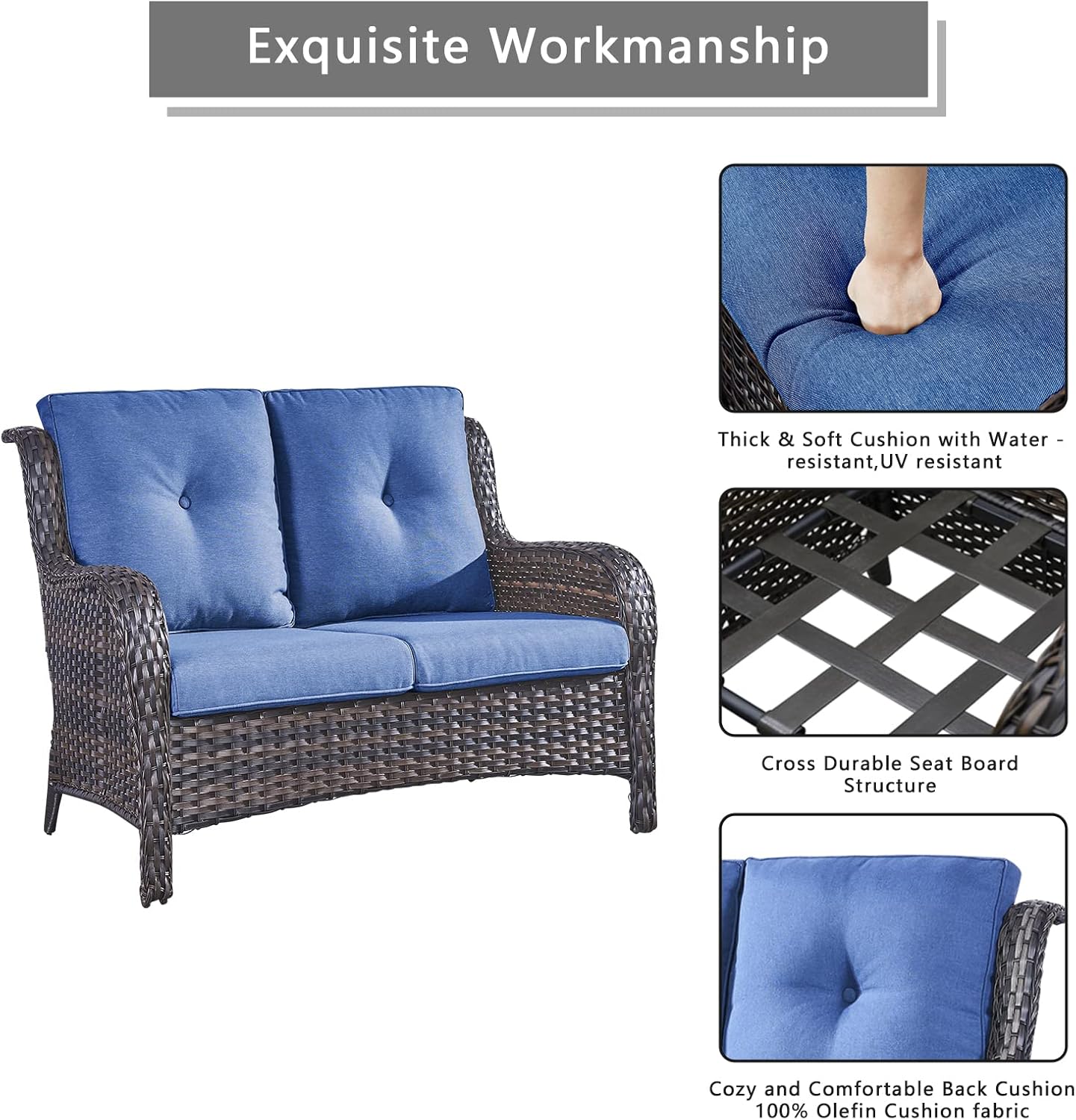 Outdoor Wicker Patio Furniture Set - 6 Piece Rattan Patio Conversation Set with 2 Rocking Swivel Chairs,2 Ottomans,1 Loveseat and 1 Side Table for Porch Deck Backyard Garden(Brown/Blue)