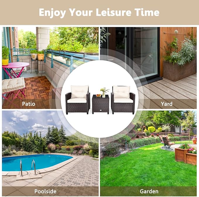 KOTEK 3 Piece Patio Furniture Set, Outdoor Conversation Set with Washable Cushions & Tempered Glass Tabletop, PE Rattan Wicker Bistro Set for Porch, Garden, Balcony (White)