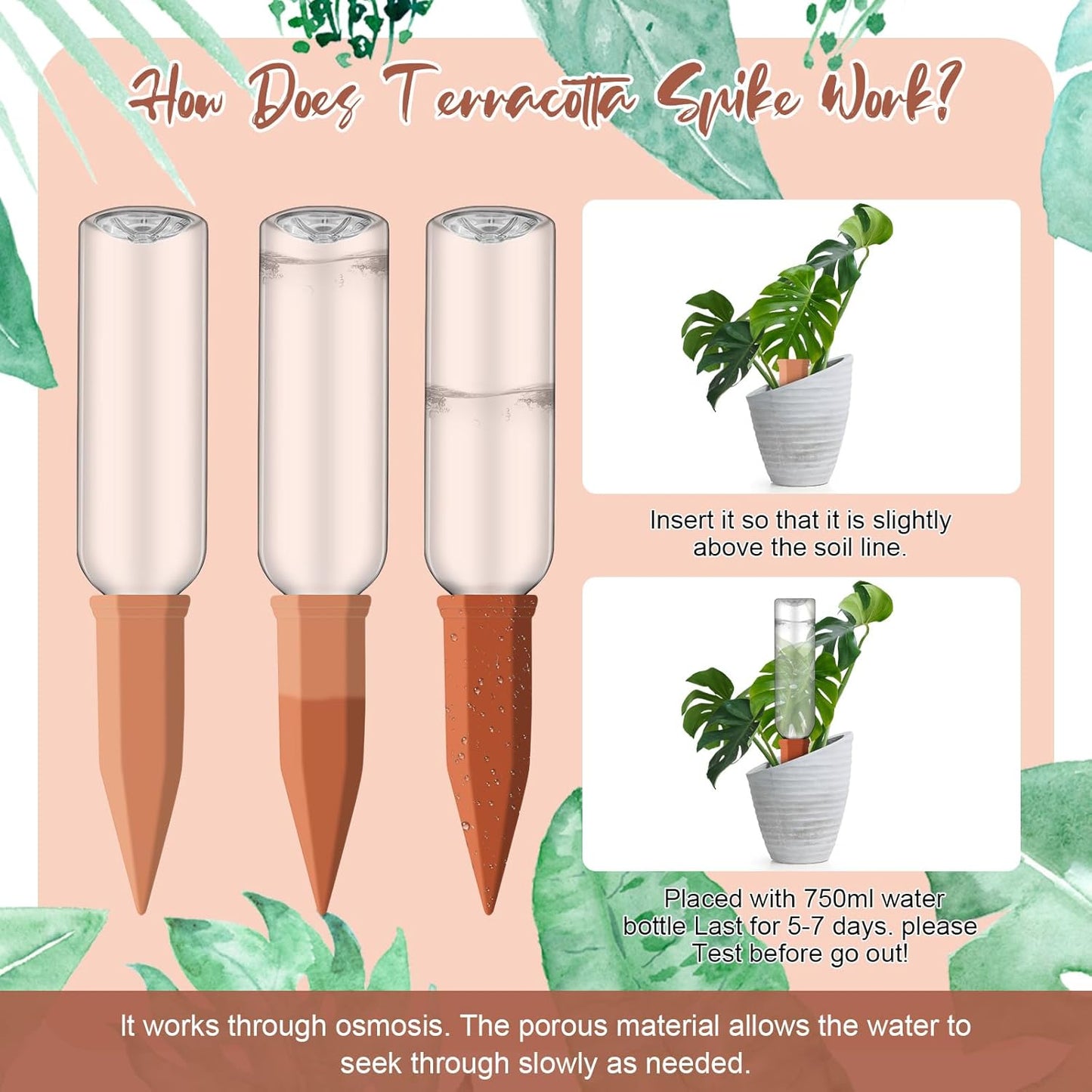 6 Sets Plant Watering Devices Include Terracotta Self Watering Spikes and 26 oz Plastic Bottles, Slow Release Vacation Insert Automatic Plant Waterer Device (Green Clear Brown and Terracotta)