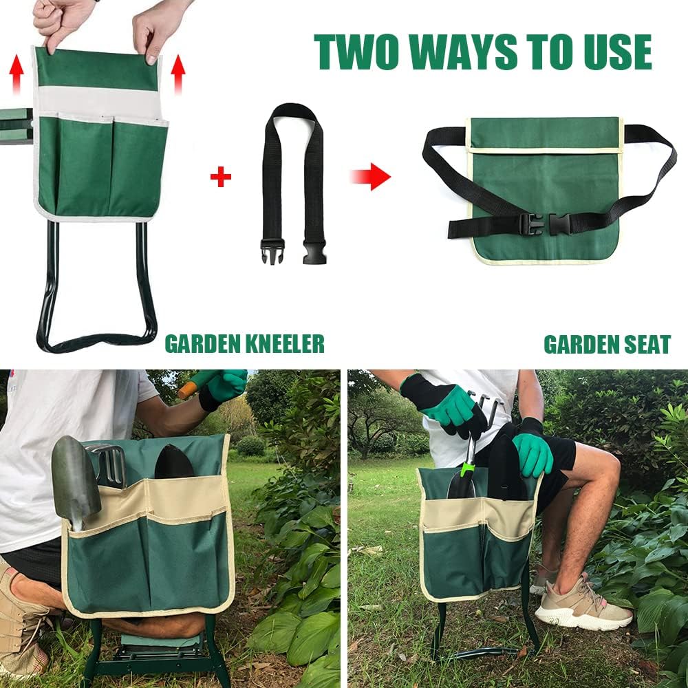 BDL Garden Kneeler and Seat, Upgraded Folding Bench Stool Portable Kneeler, Sturdy Gardening Tools with 2 Free Tool Pouch, Detachable Belt, A Pair of Garden Gloves, EVA Kneeling Pad