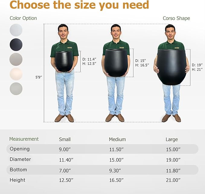 16.5" H x 15" D Corso Fiberstone Round Tapered Planter with Drainage Hole, Smooth Finishes, Weather Resistant for Indoor & Outdoor Use, Included 2 Extra Coco Mats (Black, 11.5" Pot Opening)