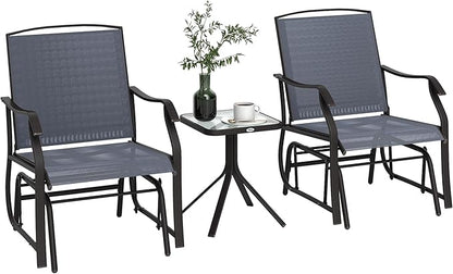 Outsunny 3 Piece Outdoor Glider Chair with Coffee Table Bistro Set, 2 Patio Rocking Swing Chairs with Breathable Sling Fabric, Glass Tabletop, for Backyard, Garden and Porch, Gray