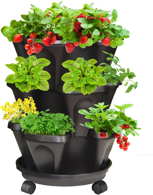 Strawberry Vertical Planter, Stacking Garden Tower, 3 Tiered Stackable Herb Vegetable Planters with Movable Casters and Bottom Saucer Indoor and Outdoor - Black