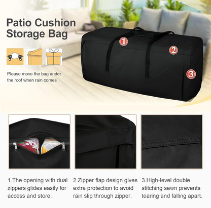 Porch Shield Outdoor Cushion Storage Bag 62 inch Waterproof Outside Storage Bags for Patio Furniture with Zippers and Handles Black