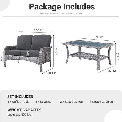 ovios 2 Pieces Patio Furniture Set, Outdoor Wicker Sofa with Glass Coffee Table, All Weather High Back Rattan Loveseat Couch 2 Seats with Comfy Cushions, Black