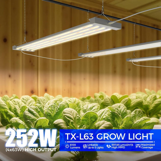 Barrina TX-L63 3FT Grow Lights for Indoor Plant, 252W (4 x 63W), 4 LED Panels Wider Coverage, Full Spectrum, High PPFD, Mechanical Timer, Linkable, Hanging Plant Light for Indoor, Seeding, 4 Packs