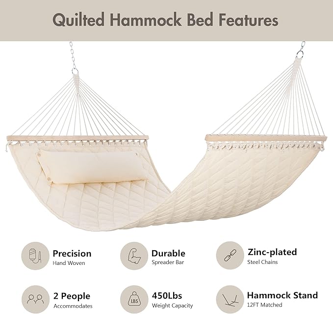ANOW Two Person Hammock with Spreader Bars and Detachable Pillow, Heavy Duty Hammock for Outdoors Indoors, 450 LBS Weight Capacity, Cream
