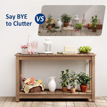 Outdoor Console Table, 48" Weather Resistant HIPS Patio Side Table, 440LBS Weight Capacity, 2-Tier Multifunctional Buffet Bar Storage Organizer for Garden Deck, Teak