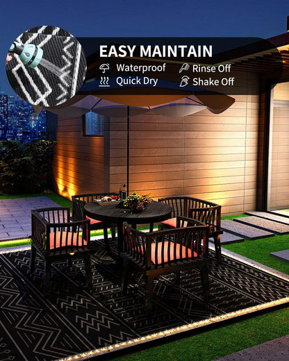 Outdoor Rug Carpet Waterproof 8x10 ft with LED Strip Lights-Patio Rug Mat Indoor Outdoor Rug for RV Camping Picnic Reversible Lightweight Plastic Straw Outside Rug for Patio Decor Decoration Boho Rug