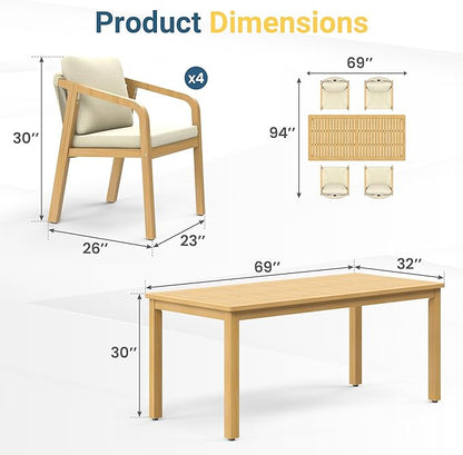 Wisteria Lane 5 Pieces Acacia Patio Dining Set for 4, Patio Dining Table and Chairs Set with Cushion, Modern Outdoor Dining Furniture Set for Lawn Backyard Garden Deck, Beige