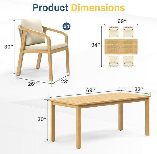 Wisteria Lane 5 Pieces Acacia Patio Dining Set for 4, Patio Dining Table and Chairs Set with Cushion, Modern Outdoor Dining Furniture Set for Lawn Backyard Garden Deck, Beige