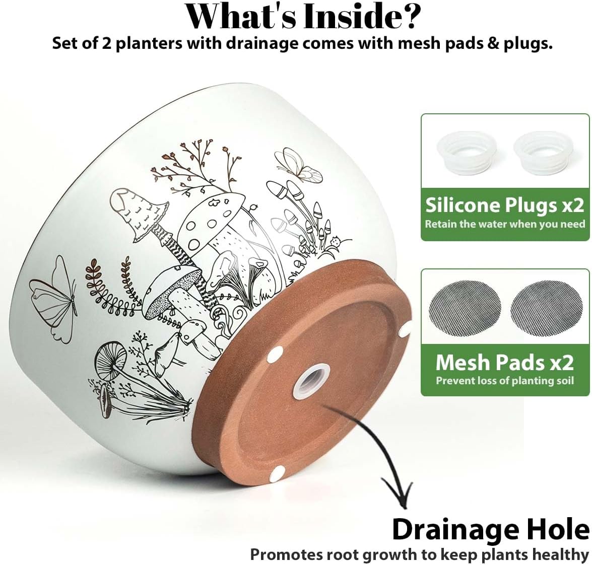YBX 8 Inch & 6 Inch Terracotta Pots, Plant Pots, Flower Pots for Indoor Plants with Drainage, Planters with Mushroom Accent for Indoor Plants (Cottage)