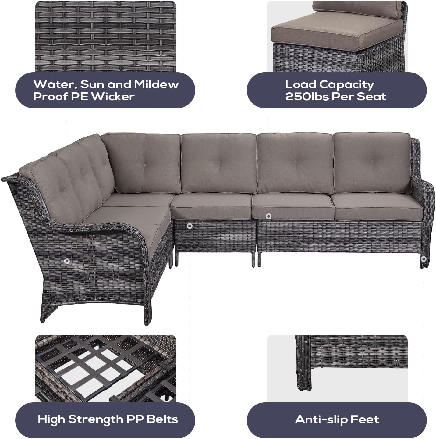 Outdoor Furniture Sectional Sofa L Shaped Couch - Patio Wicker Furniture Set with Coffee Table, 3 Piece Rattan Patio Conversation Sets with Gray Cushion for Deck Backyard Sunroom