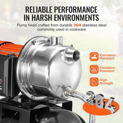 VEVOR 1 HP Shallow Well Pump with Pressure Tank, 1000 GPH, Automatic Irrigation Water Booster Pump with 130 ft Head Lift 20/40 PSI Pressure Switch, 304 Stainless Steel Pump Head for Home Garden Lawn