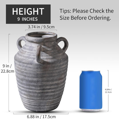 Grey Terracotta Ceramic Vase with Handles, Vintage Rustic Pottery Vases for Table Centerpiece, Cottage Core Home Decor, Large Flower Vases for Bouquet Entryway Mantel Bookshelf Living Room 8.9 Inch
