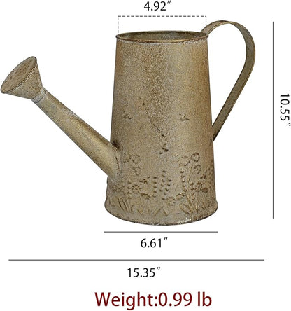 Vintage Distressed Gold Flower & Garden Watering Can, Decorative Metal Watering Pot Planter for Home Patio Backyard Outdoor Plant Care, Rustic Farmhouse Home Decor Accent