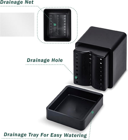 4 Inch Herb Planter Pot, Plastic Planter with Drainage Holes and Saucer, Modern Decorative Gardening Pot for Indoor Plants, Flowers, Herbs, Succulents, Black, Set of 4, 76-Y-B-4