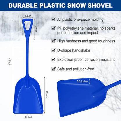 Frienda 3 Pieces Plastic Snow Shovel 43 x 14 Inches Heavy Duty Hygienic Shovel with D Shaped Grip Handle Large Durable Seamless Snow Scoop for Kitchen Gardening (Orange,Blue，Black)