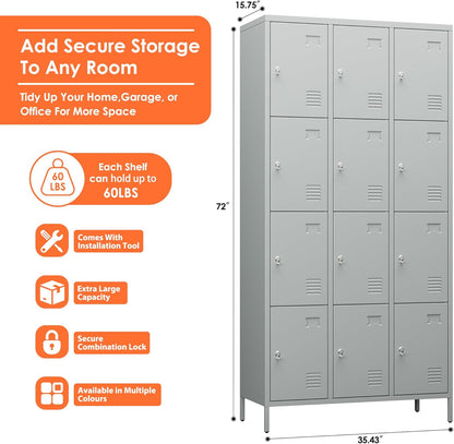 12 Doors Metal Storage Locker, 72" H Employees Lockers Storage Cabinet with 12 Hooks for Home, Office, Gym, School, Assembly Required, Light Gray