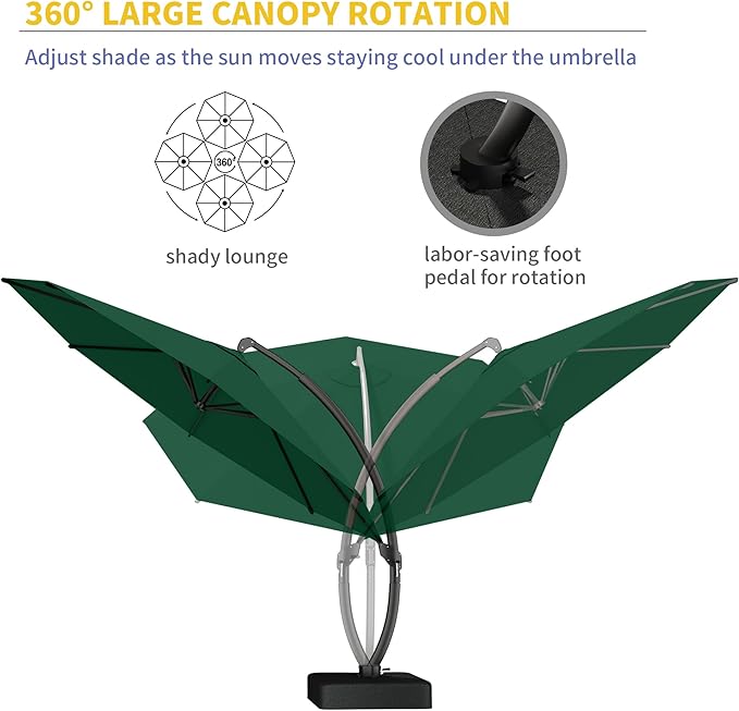 Kingdura 11ft Offset Cantilever Patio Umbrella with Base Included, Large Round Aluminum Outdoor Umbrella, 360° Rotation & Infinite Tilt, Heavy Duty Frame for Deck Pool Backyard, Dark Green