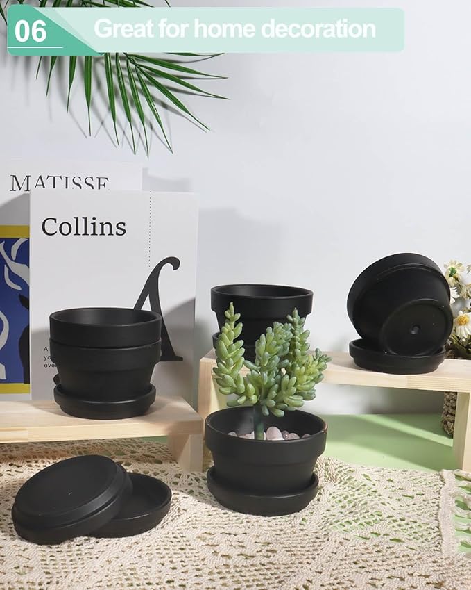 vensovo 4.5 Inch Black Terracotta Shallow Succulent Pots - 6 Pack Terra Cotta Clay Pot with Saucer, Cacuts Indoor and Outdoor Planters with Drainage Hole