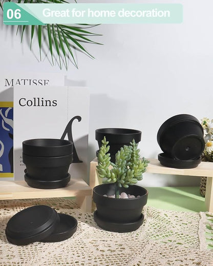 vensovo 3.7 Inch Black Terracotta Shallow Succulent Pots - 6 Pack Terra Cotta Clay Pot with Saucer, Cacuts Indoor and Outdoor Planters with Drainage Hole