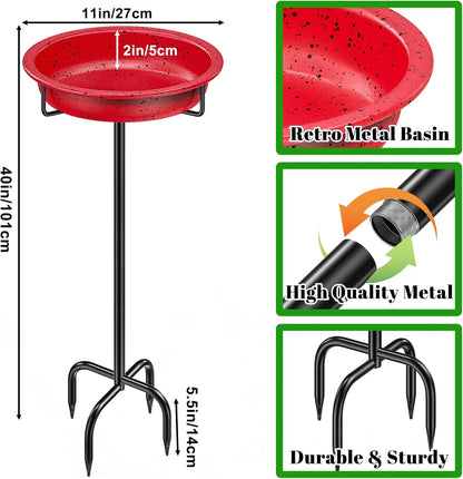 40In Metal Bird Bath for Outside, Freestanding Garden Birdbaths Bowl Bird Feeder, Detachable Decoration Spa Birdfeeder for Outdoor Garden Patio Yard Lawn (Red)