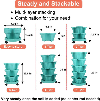 Vertical Planter 5 Tier Stackable Planters Garden Planters Strawberry Herb Flower and Vegetable Planter Indoor Outdoor Gardening Pots with Removable Wheels and Tools