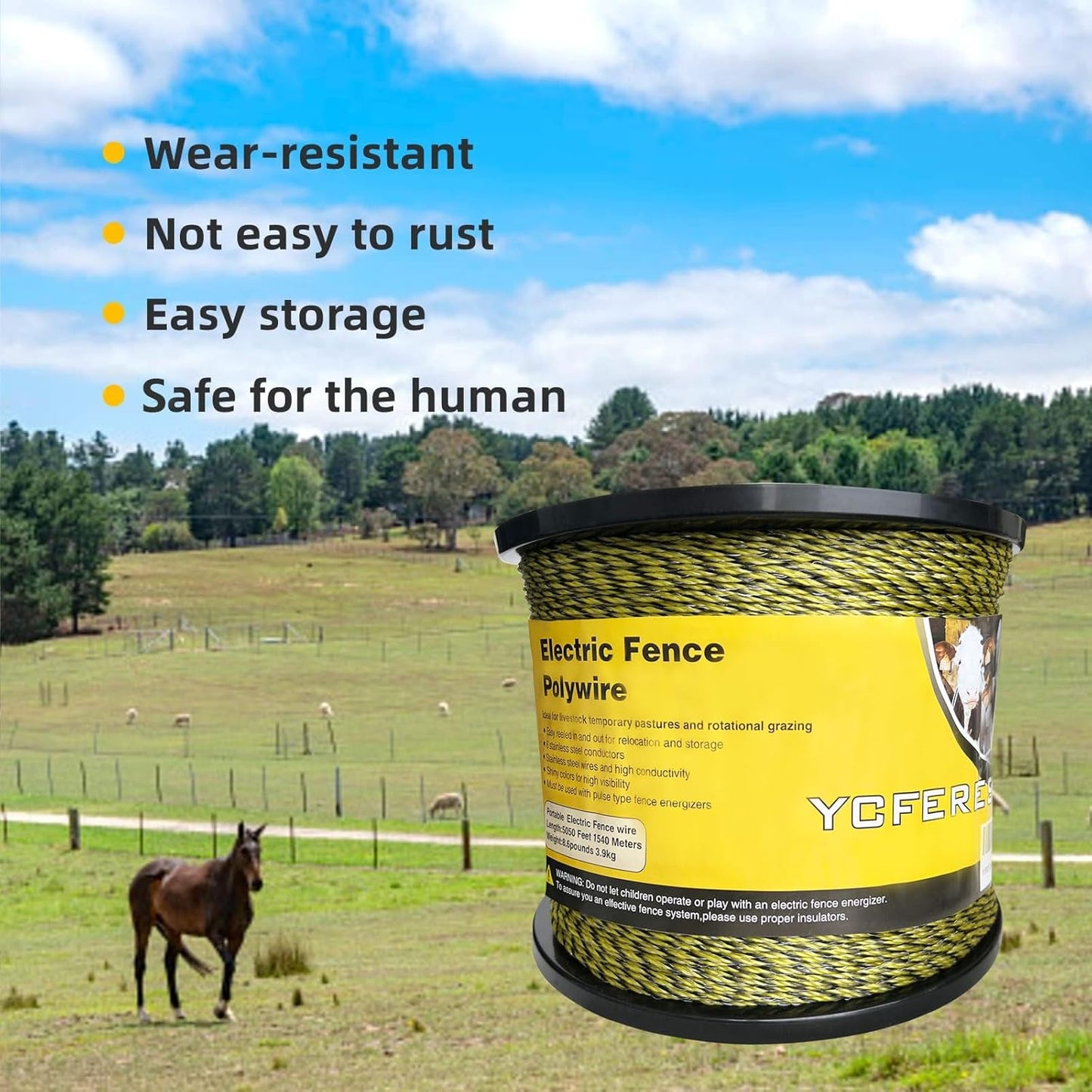 Upgraded Electric Fence Polywire 5050 Feet 1540 Meters, 6 Stainless Steel Strands for Reliable Conductivity and Rust Resistance, Portable Electric Fencing,UV, Rust Resistant