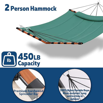 TegerDeger 12FT 2 Person Hammock Large Hammock 450LB Capacity with V Shaped Hardwood Spreader Bar & Nylon Rope for Outside, Patio, Garden, Backyard, Beach, Poolside - Lake Blue