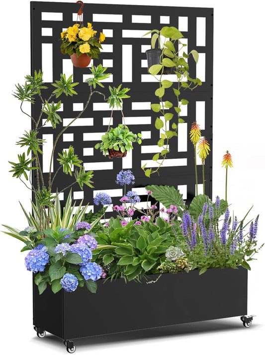 Metal Planter Box with Trellis, 71"x 47"x 16" Raised Garden Bed with Trellis & Wheels, Privacy Planters for Patio, Planter Box with Drainage Holes for Climbing Plants, Flower, Vegetable