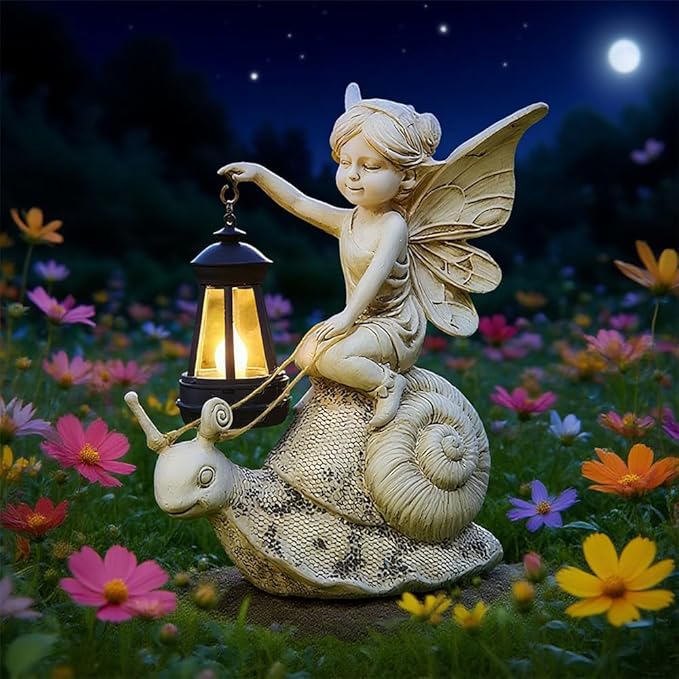 Solar Snail Statue Light, Outdoor Resin Solar Garden Sculpture, Fun Elf Riding Snail Fairy Tale Statue, Lawn, Patio Outdoor Unique Home Dcoration, Lady Gift!