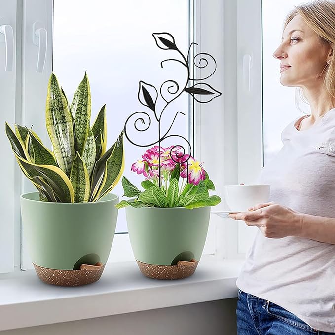 Decorative Metal Plant Trellis for Indoor Potted Plants – Leaf Shape Vine Support Stakes with 6 Plant Clips, Black/Green/Gold Garden Trellises for Climbing Plants, Vines (Black+Green+Gold 3pcs)