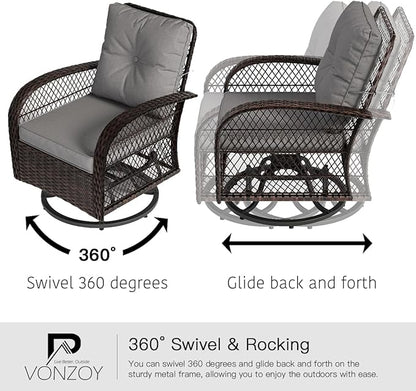 3 Pieces Patio Furniture Set, Outdoor Swivel Glider Rocker, Wicker Patio Bistro Set with Rocking Chair, Thickened Cushions and Table for Porch (Grey)