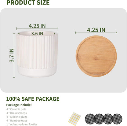 AOMRYOM 4.25 Inch Small Ceramic Plant Pots with Drainage Holes and Trays, Garden Flower Pots for Indoor Outdoor Plants, Succulents, Cactus and Herbs, White Stripe, Set of 4 (Plant Not Included)