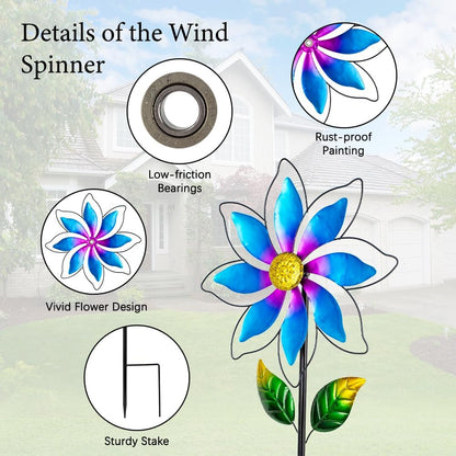 14'' Wind Spinners Outdoor, Flower Metal Garden Wind Spinners Outdoor, Kinetic Wind Sculptures & Spinners for Yard Garden Lawn Decor (Blue)
