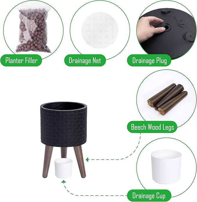 D'vine Dev 8 Inch Modern Geometric Tile Patterned Sleek Planter Pot with Stand, Indoor Outdoor Decorative Plant Holder, Matte Black, 88-Z-A-2