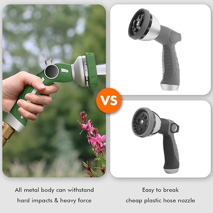 RESTMO Hose Nozzle Heavy Duty, Metal Water Hose Sprayer for Garden, 9 Spray Patterns | High Pressure | Thumb Flow Control | On/Off Valve, Ideal for Lawn & Plant Watering, Car & Pet Washing, Green