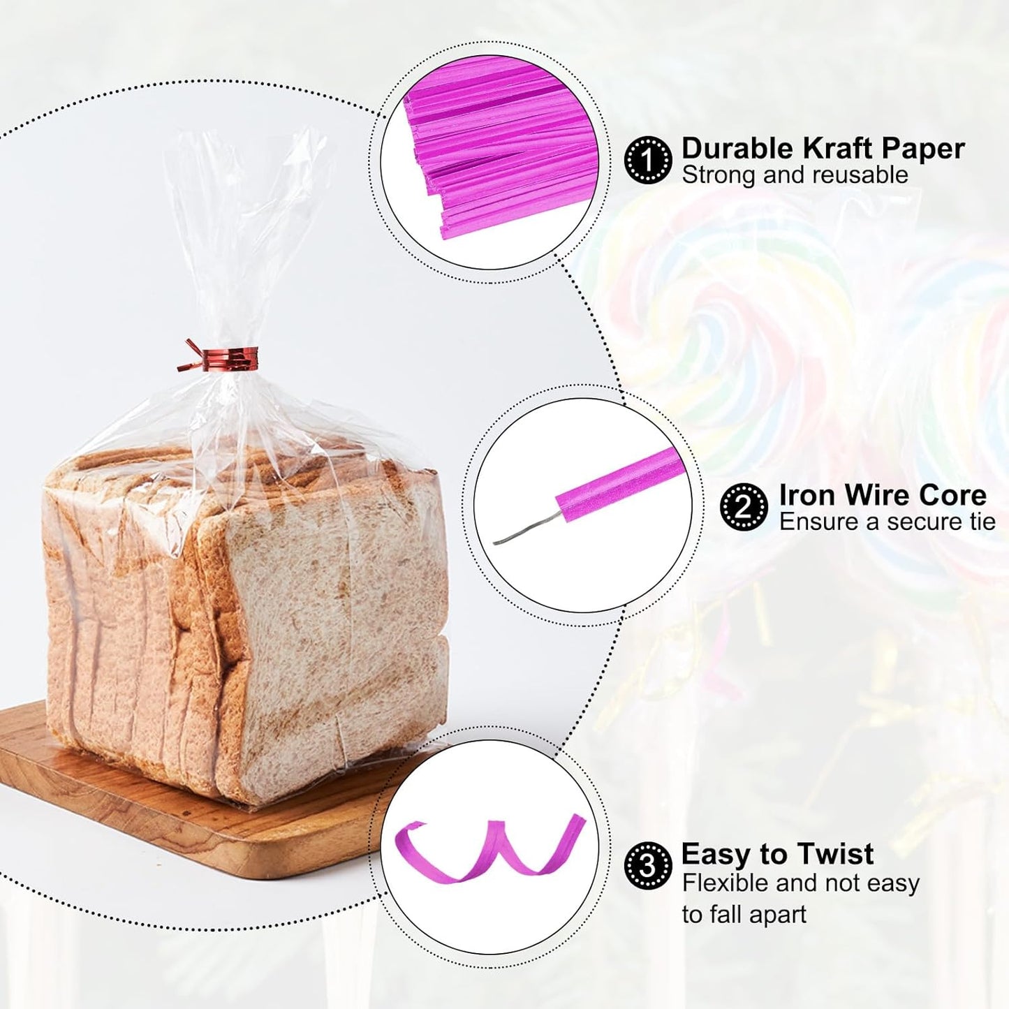 HARFINGTON 1000pcs Bag Twist Ties 3.5" Reusable Kraft Paper Twist Ties Wire Cable Ties for Party Bread Candy Cake, Pink