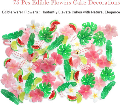 75 Pcs Edible Flowers Cupcake Toppers Cake Decorations Wafer Tropical Cake Decorations Hawaiian Birthday Decoration for Tropical Luau Summer Party