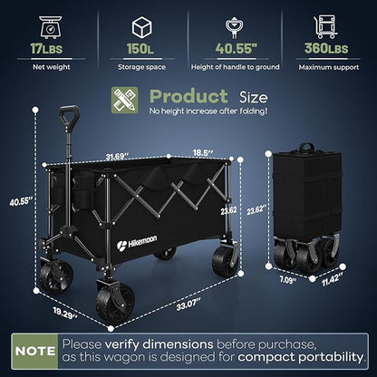 150L Collapsible Wagons Carts Foldable, 360LBS Heavy Duty Folding Beach Cart with Big All-Terrain Wheels, Portable Utility Wagon for Grocery, Shopping, Garden, Sports, Camping, Black