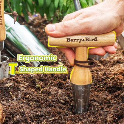 Berry&Bird Hand Dibber – Precision Wood Handle Garden Hole Punch Dibbler Tool for Planting Seeds & Bulbs with 6'' Measuring Scale, Bulb Planter for Planting Flowers Tulips Daffodils Dahlias