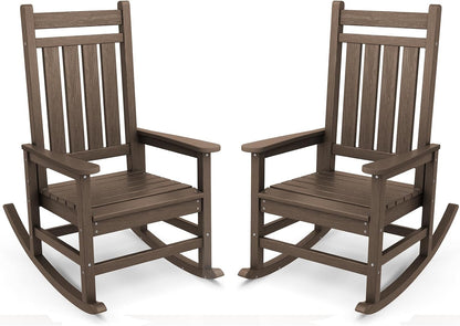 SERWALL Outdoor Rocking Chair Set of 2, HDPE Rocking Chairs for Adult, All Weather Porch Rockers for Lawn Garden, Coffee