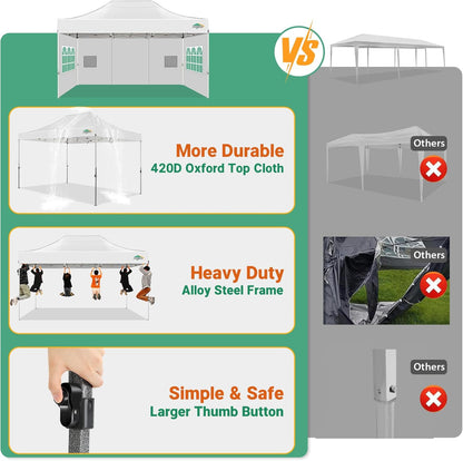 COBIZI 10x15 Pop up Canopy Heavy Duty with 4 Sidewalls, Easy Set-up Commercial Outdoor Party Canopy, 100% Waterproof Wedding Gazebo, 3 Height Adjustable with Handbag, White