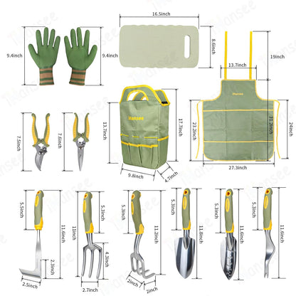 Set of 12 Garden Tool, iHansee Heavy-Duty Aluminum Gardening Hand Tools with Rubber Non-Slip Handle, Garden Apron, Gloves, Kneeling Pad and Storage Bag, Garden Hand Tools Starter Kit Landscaping Tools